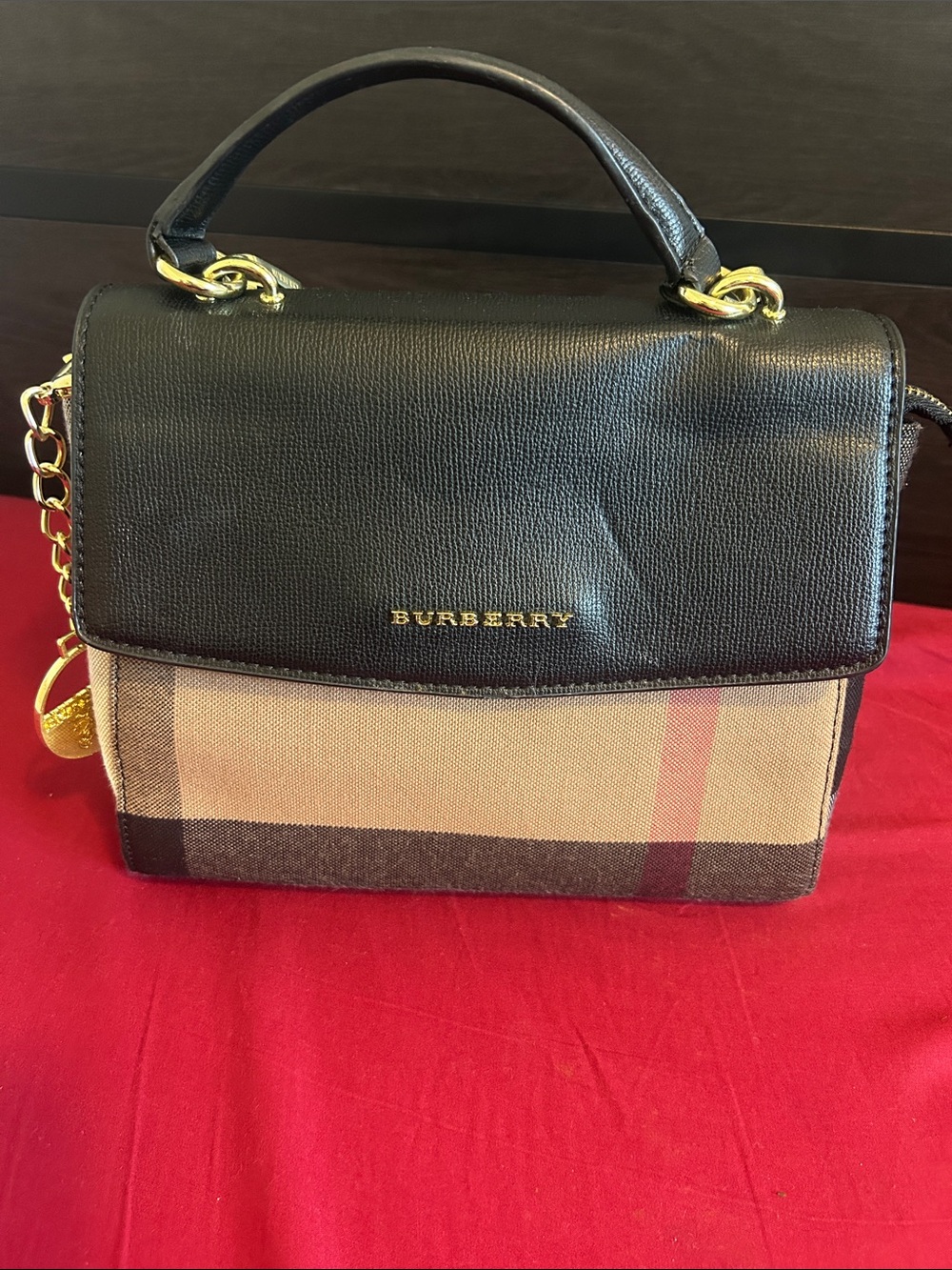 Burberry Black Leather & Beige Check Top-Handle Satchel